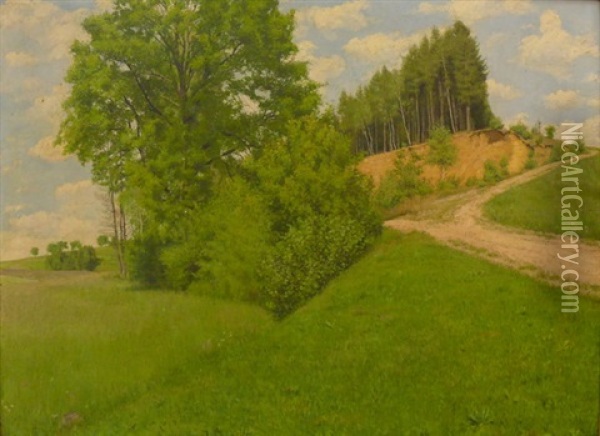 Niederbayrische Landschaft Im Sommer Mit Baumen. Hugel U. Feldweg Oil Painting - Josefa Pernstich