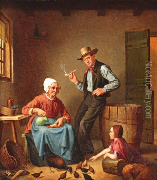 Grootouders Met Kleinkind In De Boerendeel Oil Painting - Johannes Helder