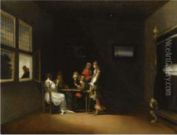 An Interior With Elegant Figures Playing Cards Oil Painting - Gerhard Van Steenwijck