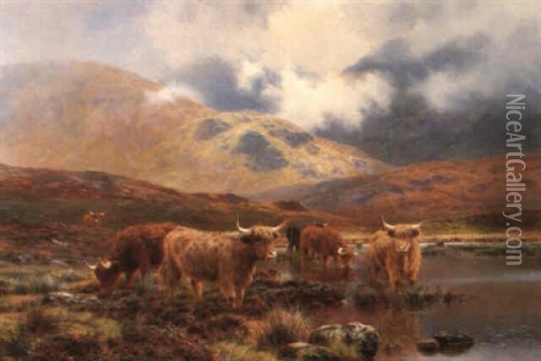 Highland Cattle By A Lochan In A Mist Covered Mountainous Landscape Oil Painting - Louis Bosworth Hurt