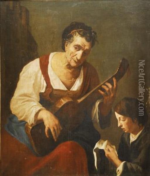 Anciana Tocando La Guitarra Junto A Un Nino Oil Painting - Gaspare Traversi