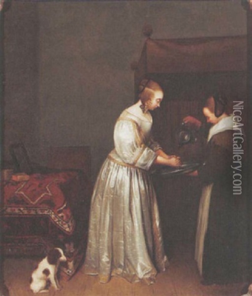 A Lady Washing Her Hands In An Interior Oil Painting - Gerard ter Borch the Elder