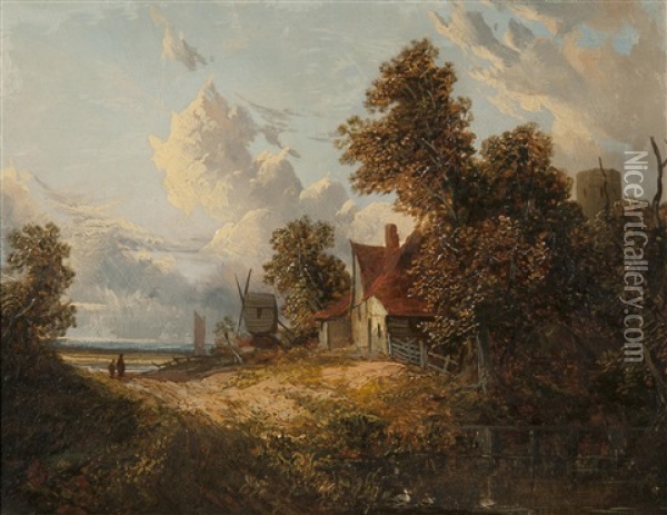 Tavern With Church (+ Cottage And Windmill; Pair) Oil Painting - Joseph Paul