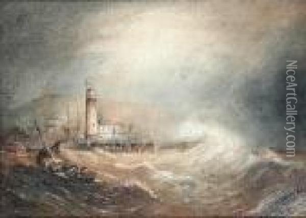 Lighthouse In Stormy Waters, Scarborough Oil Painting - Henry Barlow Carter