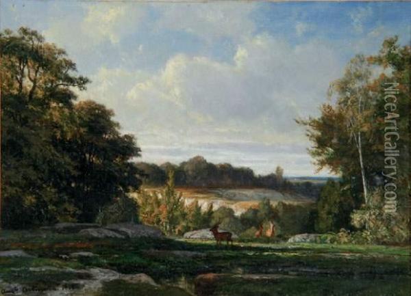  Cerfs Dans Une Clairiere, 1862  Oil Painting - Francois Auguste Ortmans
