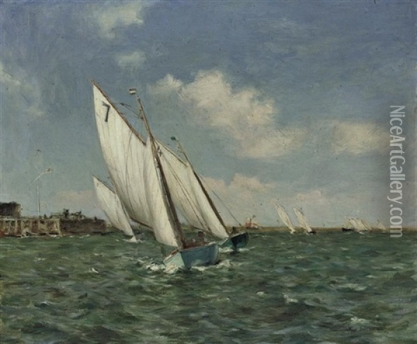 Orford White Wings Racing On The River Alde Oil Painting - Arthur Briscoe