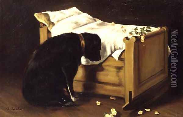 Dog Mourning Its Little Master, 1866 Oil Painting - A. Archer