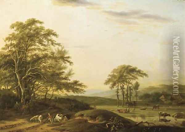 An Italianate river landscape with a shepherd and cattle Oil Painting - Barend Gael or Gaal