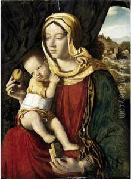 Madonna And Child Seated Before A Curtain, A Landscape Beyond Oil Painting - Giovanni Bellini