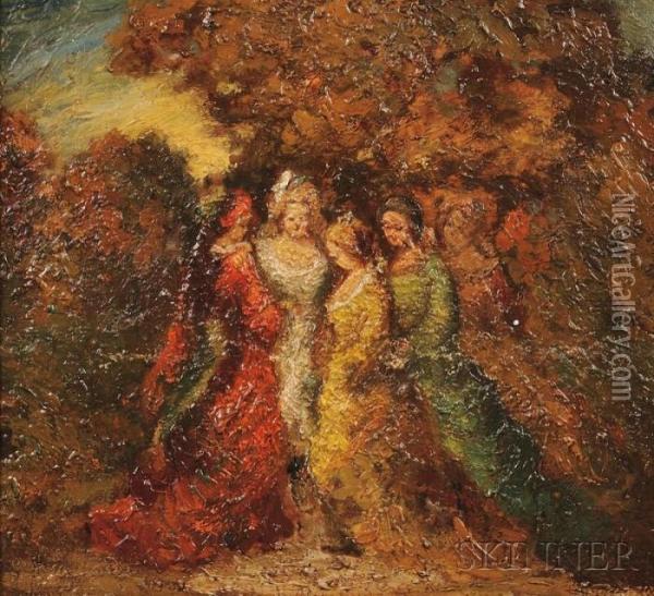 Elegant Ladies In A Park Oil Painting - Adolphe Joseph Th. Monticelli