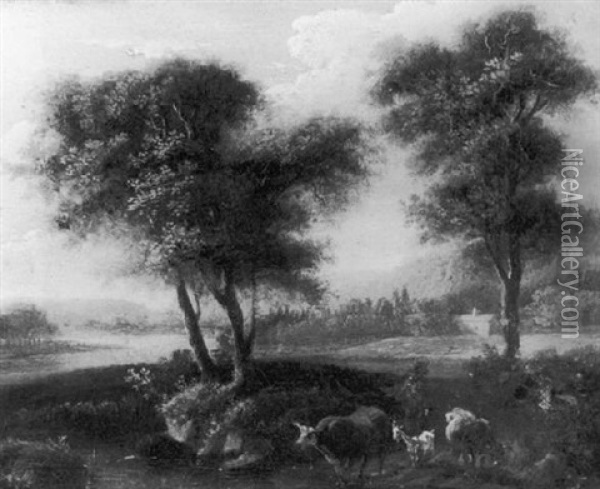 A Wooded Landscape With A Cowherd And His Livestock On A Path, A Cottage And River Beyond Oil Painting - Adriaen Frans Boudewyns the Elder
