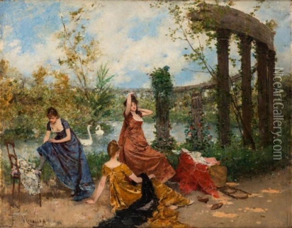 Three Ladies By A Swan Pond Oil Painting - Francisco Miralles y Galup