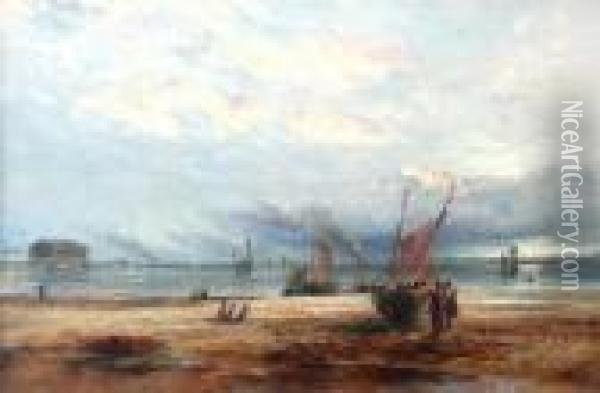 Coastal Scene With Fishing Boats & Figures At Sunset. Oil Painting - Samuel Bough