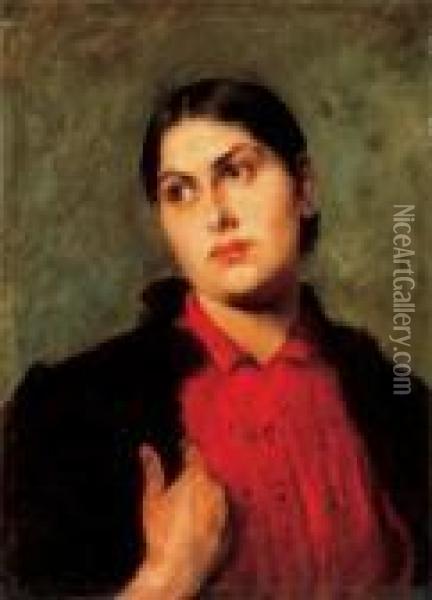 Girl In Red Blouse Oil Painting - Lajos Deak Ebner