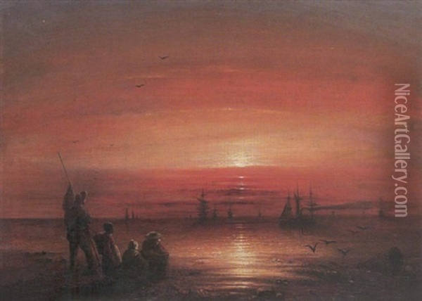 Figures In A Coastal Landscape With Shipping Oil Painting - James Francis Danby