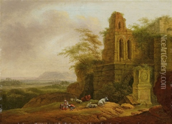 Sudliche Landschaft Mit Ruinen Und Hirten (+ Another, Similar; Pair) Oil Painting - Bernhard Gottfried Manskirch