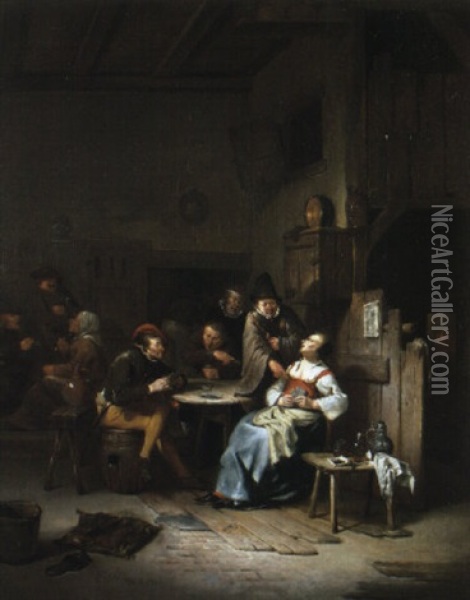 Interieur D'auberge Avec Joueurs De Cartes Oil Painting - Egbert van Heemskerck the Younger