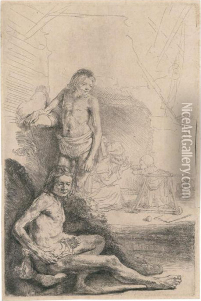 A Nude Man Seated And Another Standing Oil Painting - Rembrandt Van Rijn