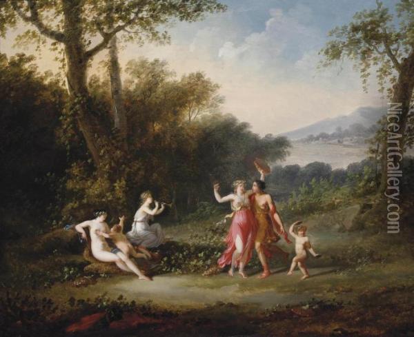 A Wooded Landscape With Nymphs Music Making And Dancing Oil Painting - Jacques Antoine Vallin