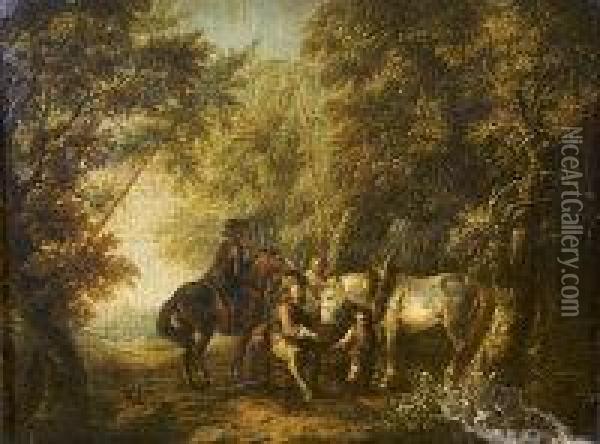 Figures And Horses Resting In A Woodland Clearing Oil Painting - Johann Georg Trautmann