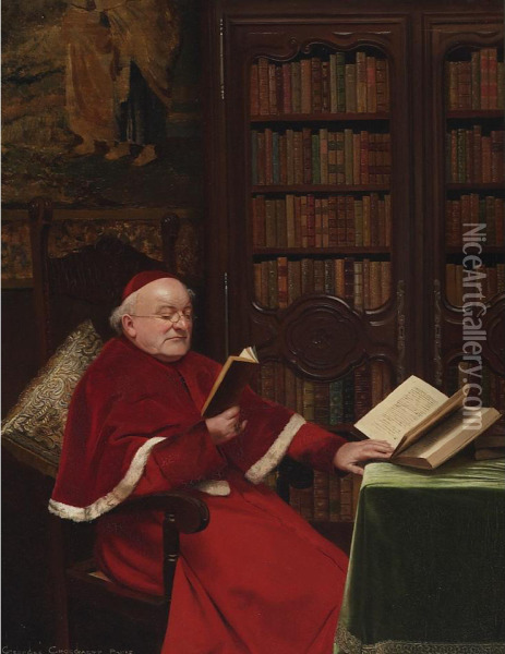 Cardinal In His Study Oil Painting - Georges Croegaert
