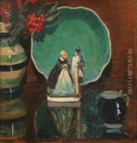 Still Life With Staffordshire Figurine Oil Painting - Dora Lynnell Wilson