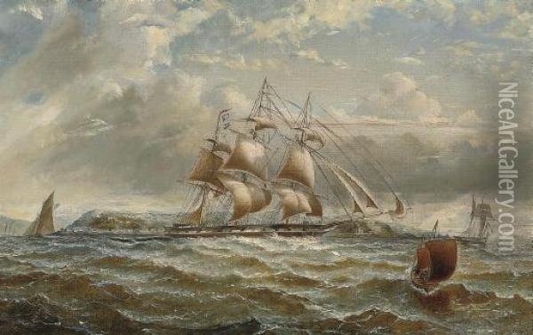 A British Merchantman Running Down The Firth Of Clyde, In A Stiff Breeze, The Cloch Lighthouse Off Her Port Bow Oil Painting - George Alexander Napier