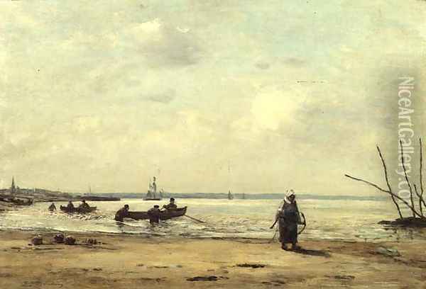 Low Tide Near Honfleur c.1864-66 Oil Painting - Eugene Boudin