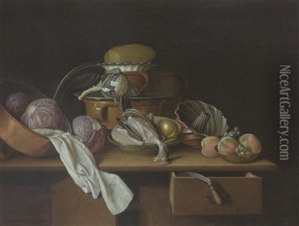 A Kitchen Still Life With Cabbages And A Cauliflower In Pewter Pots, A Chicken And A Pear In A Bowl And Peaches And Grapes In A Bowl, All On A Wooden Table Oil Painting - Pieter Jacob Horemans