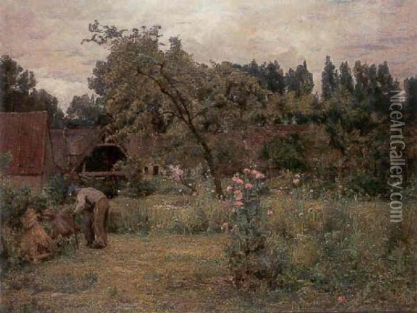 Tending The Garden Oil Painting - Adrien Louis Demont