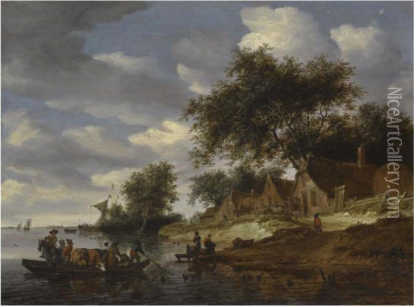 A River Landscape With Figures 
Crossing To The Shore On A Cattle Ferry, With Washerwomen On The Bank Oil Painting - Salomon van Ruysdael