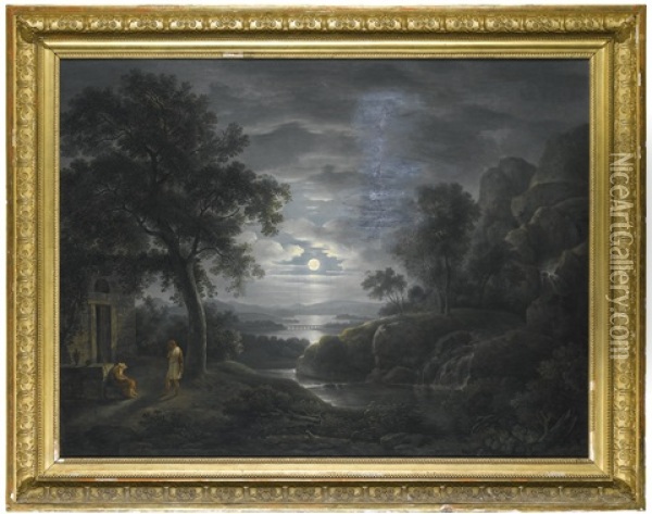 A Moonlit Arcadian Landscape Oil Painting - Johann Nepomuk Schoedlberger