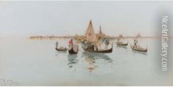 Gondolas And Fishing Craft On The Lagoon, Venice Oil Painting - Raffaele Mainella