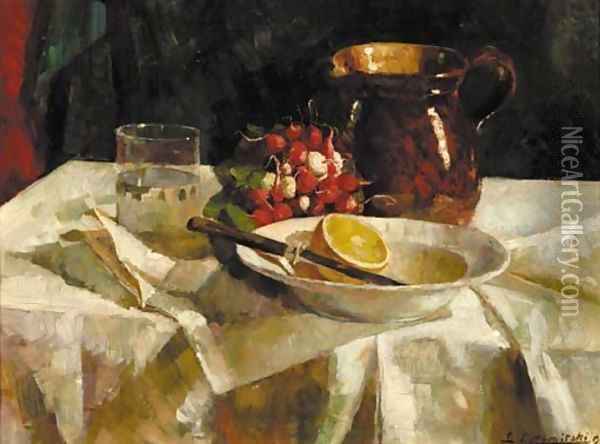 A still life with a jug, radishes, a lemon and a glass Oil Painting - Leonie Lutomirski-Bander
