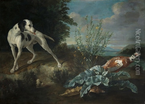 A Pointer Beside A Pheasant In A Landscape Oil Painting - Alexandre Francois Desportes