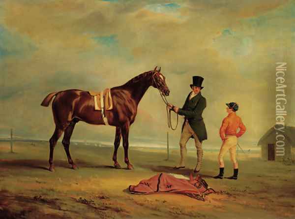 The Hon. William Maule's Ledstone, a chestnut racehorse with a trainer and jockey on a racecourse Oil Painting - John Snr Ferneley
