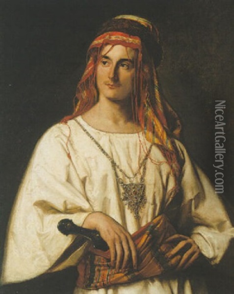 Portrait Of A Gentleman In Arab Costume Oil Painting - Charles Antoine Joseph Loyeux