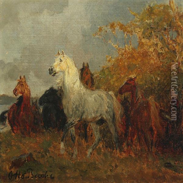 Landscape With Horses Oil Painting - Otto Bache