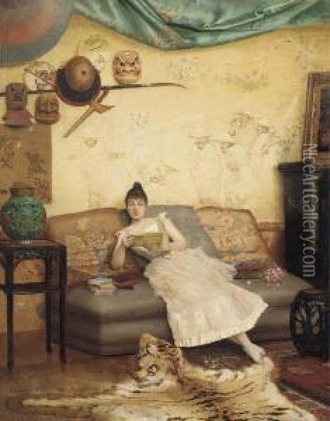 A Quiet Read In A Chinoiserie Interior Oil Painting - Georges Croegaert