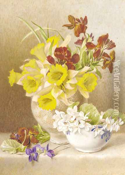 Still life with daffodils, cyclamen and anemones in ceramic vases on a ledge Oil Painting - Mary Elizabeth Duffield