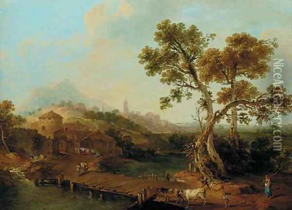 A river landscape with a shepherdess, a city beyond Oil Painting - Francesco Zuccarelli