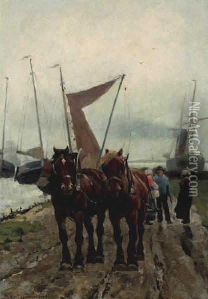 Trekpaarden Aan De Waterkant Oil Painting - Frans Van Leemputten