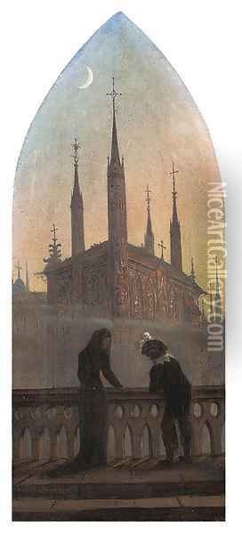 Personen in altdeutscher Tracht in Betrachtung einer mittelalterlichen Stadt Oil Painting - Carl Gustav Carus