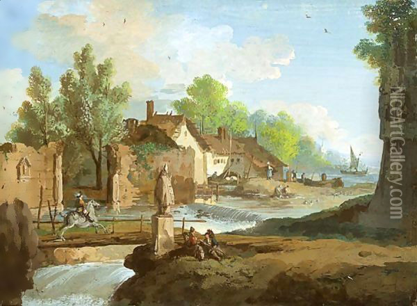 A River With Small Waterfalls Winding Through A Village Past A Ruined Wall Oil Painting - Giuseppe Bernardino Bison