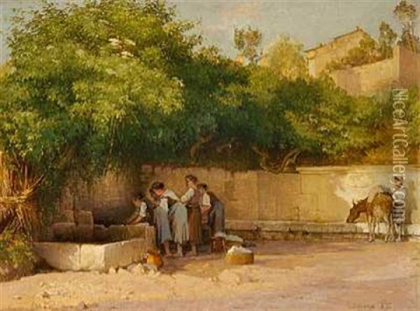 Unge Piger Der Vasker Toj Ved Bronden I Subiaco Oil Painting - Edvard Frederik Petersen