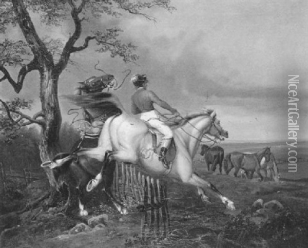 Ein Reiter (furst Radziwill?) Auf Einem Falben, Der Im Begriff Ist, Einen Zaun Zu Uberspringen Oil Painting - Franz Krueger