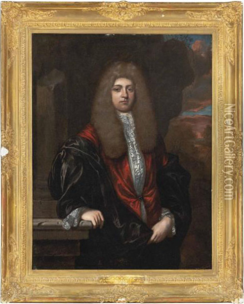 Portrait Of A Gentleman, 
Three-quarter-length, In A Red Coat And Black Robe, In A Landscape Oil Painting - Regnier de La Haye