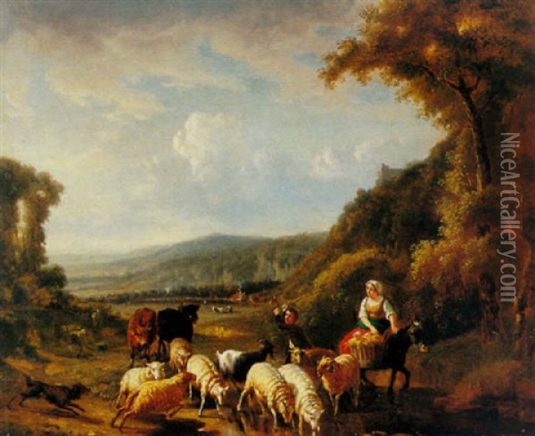Shepherds Watering Their Flock Oil Painting - Balthasar Paul Ommeganck