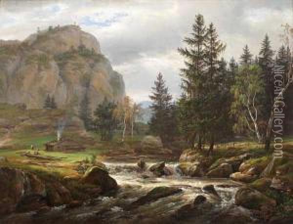 Nordisk Landskap Med Elv Oil Painting - Johan Christian Clausen Dahl