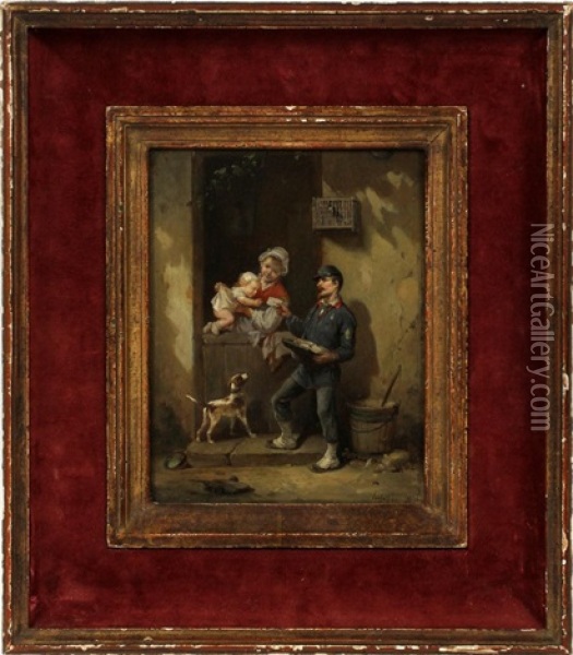 Mailman Delivery Oil Painting - Francois-Louis Lanfant